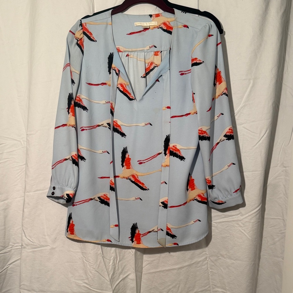 Cooper & Ella Flamingo Pattern Blouse in Light Blue